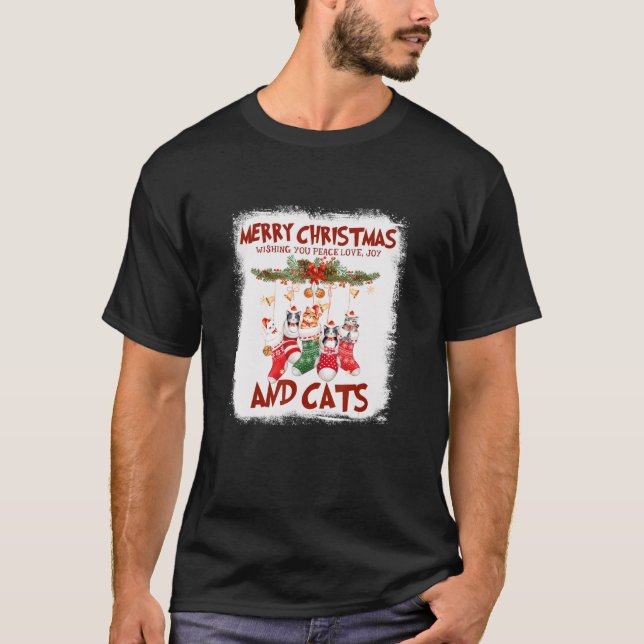 Peace Love Joy And Cats In Sock Christmas  Cat T-Shirt (Front)