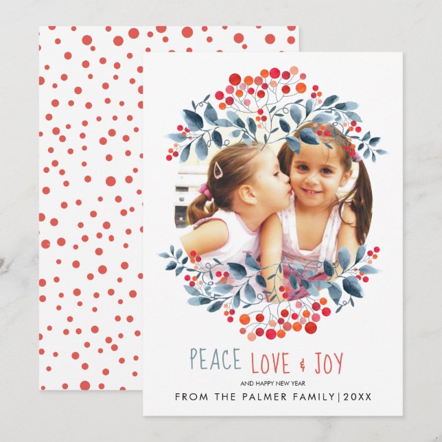 Peace Love Joy and coral berries Christmas photo Holiday Card (Front/Back)