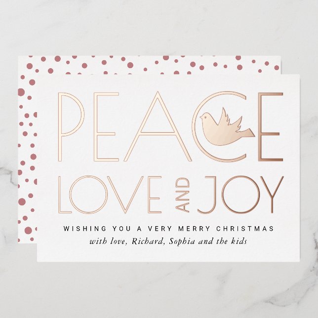 Peace, Love, Joy and dove Christmas rose gold Foil Holiday Card (Front/Back)