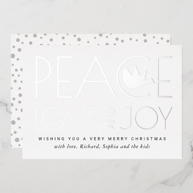 Peace, Love, Joy and dove Christmas silver Foil Holiday Card (Front/Back)