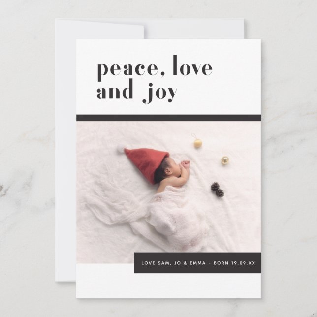 Peace, Love, Joy Baby First Christmas Holiday Card (Front)