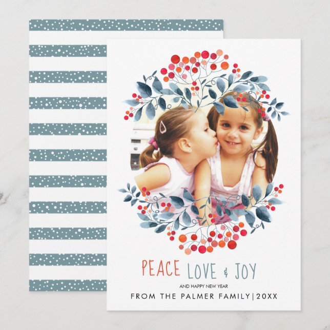 Peace love Joy berries and leaves Christmas photo Holiday Card (Front/Back)
