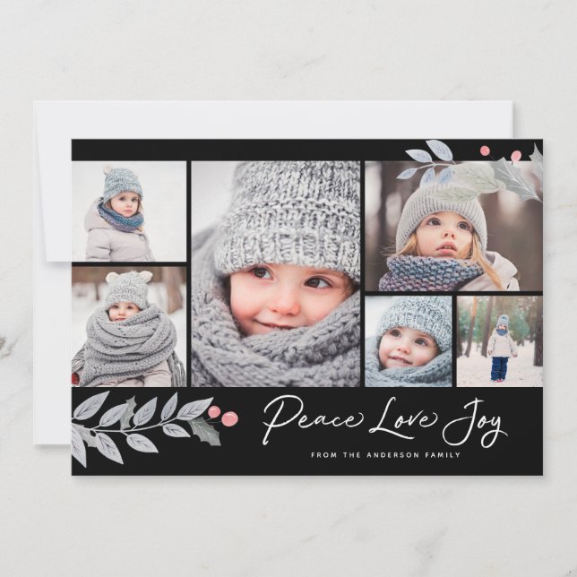 Peace Love Joy Berry Christmas Multi-Photo Collage Holiday Card (Front)