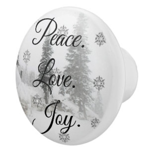 Peace Love Joy Black & White Snowfall Christmas Ceramic Knob