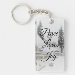 Peace Love Joy Black & White Snowfall Christmas Key Ring