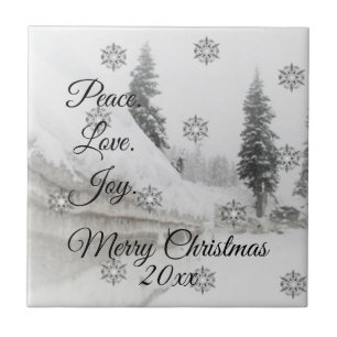 Peace Love Joy Black & White Snowfall Christmas Tile