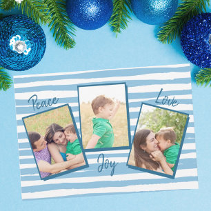 Peace Love Joy   Blue 3 Photo Christmas Holiday Card