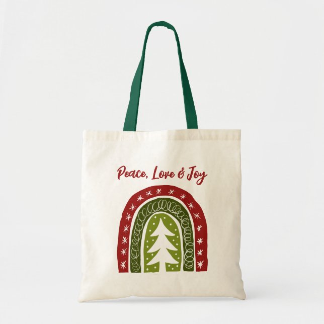 Peace love joy boho Christmas tree design tote bag (Front)