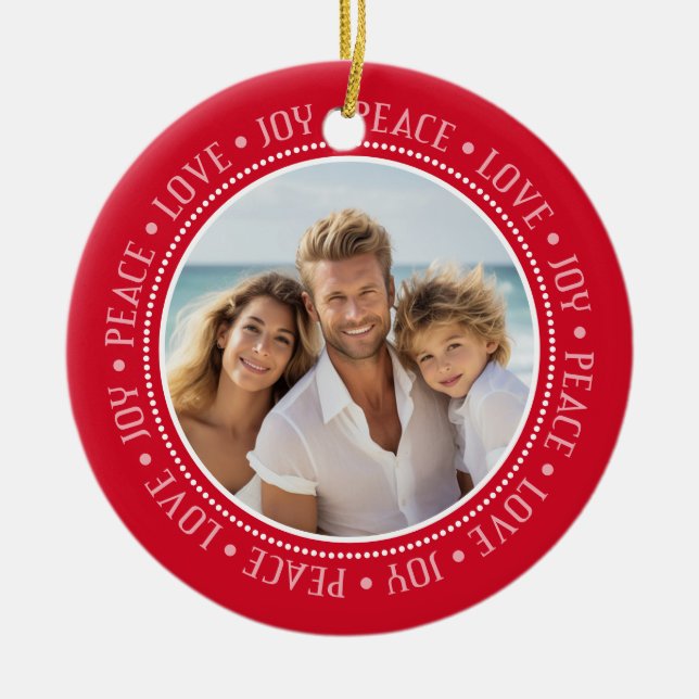 Peace Love Joy Border in Red - Photo  Ceramic Tree Decoration (Front)