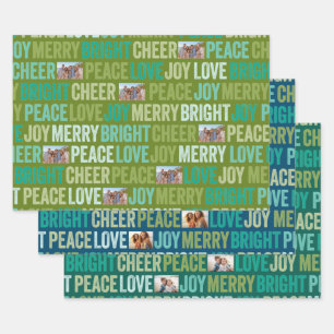 Peace Love Joy Bright Merry Cheer with 3 Photos Wrapping Paper Sheet