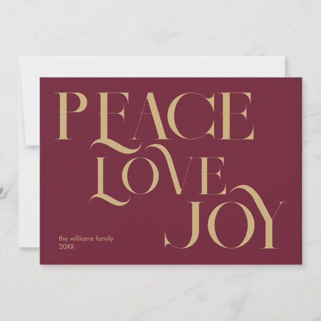 Peace Love Joy Burgundy Gold Elegant Christmas Holiday Card (Front)