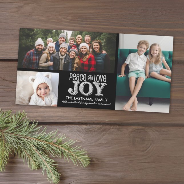 Peace Love Joy Chalkboard - 3 photos Holiday Card (Add 3 photos to this classic photo card that can be printed or sent out to friends and family.)