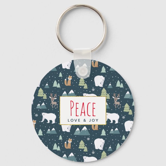 Peace Love & Joy Christmas Animals Pattern Key Ring (Front)