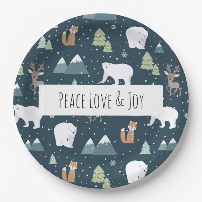Peace Love & Joy Christmas Animals Pattern Paper Plate (Front)