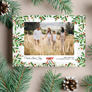 Peace Love Joy, Christmas Berries, Custom Photo Holiday Postcard