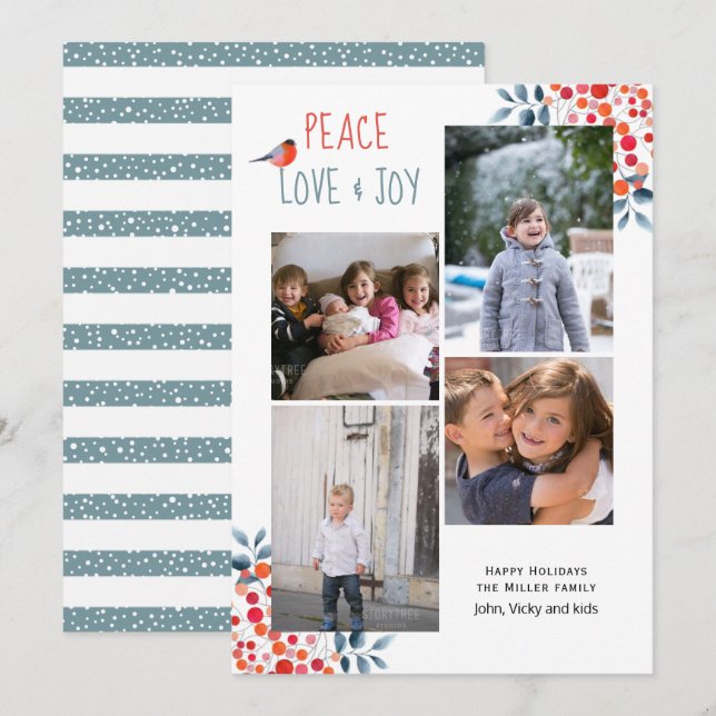 Peace, love, joy Christmas four photo collage card (Front/Back)