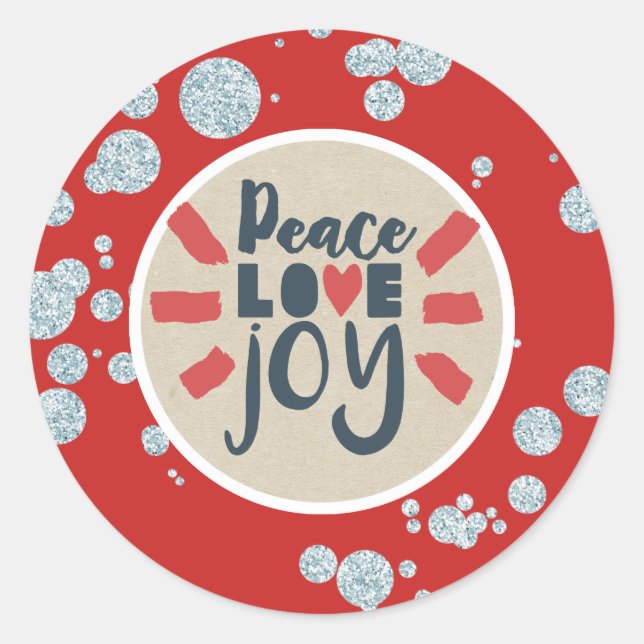 PEACE LOVE JOY  Christmas Glitter Kraft Holiday Classic Round Sticker (Front)