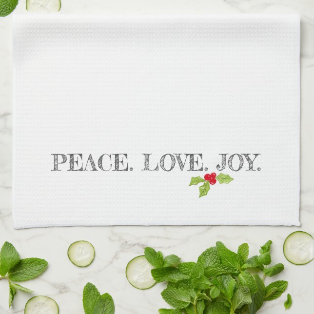 Peace Love Joy Christmas Holly Festive Holiday Tea Towel (Folded)
