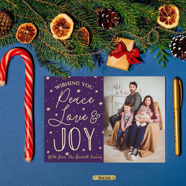 Peace, Love & Joy Christmas Photo Real Foil Holiday Card (Creator Uploaded)