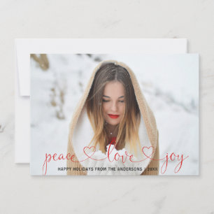 Peace Love Joy Christmas Red Snowflakes   PHOTO Holiday Card
