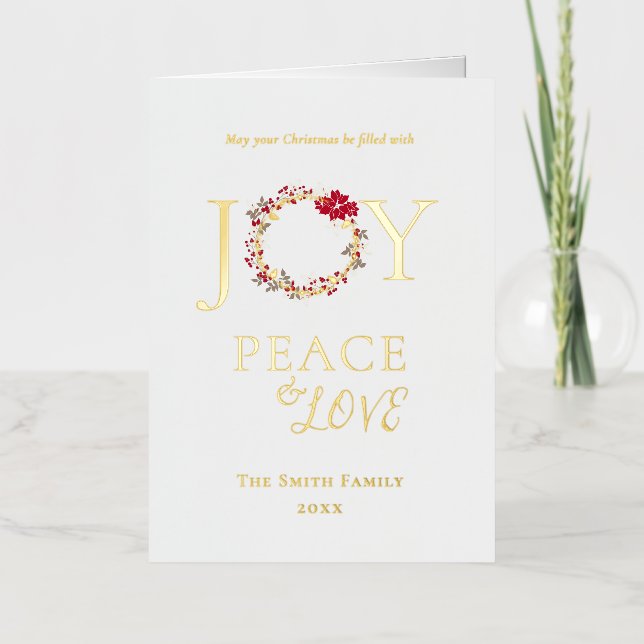 Peace, Love & Joy Christmas Wreath | Red Beige Foil Holiday Card (Front)