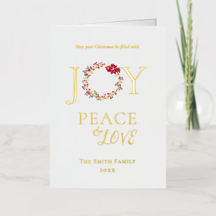 Peace, Love & Joy Christmas Wreath   Red Beige Foil Holiday Card