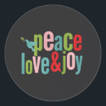Peace Love Joy Colourful Chalkboard Dove Classic Round Sticker<br><div class="desc">beautiful and colourful Christmas Themed gifts</div>