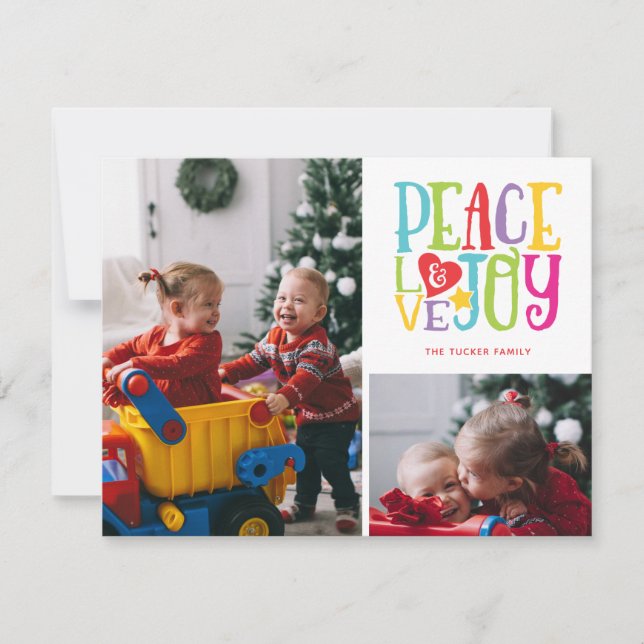 Peace Love Joy Colourful Family Kids 2-Photo Holiday Card (Front)