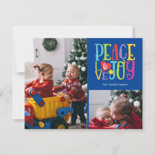 Peace Love Joy Colourful Family Kids 2-Photo Holiday Card (Front)