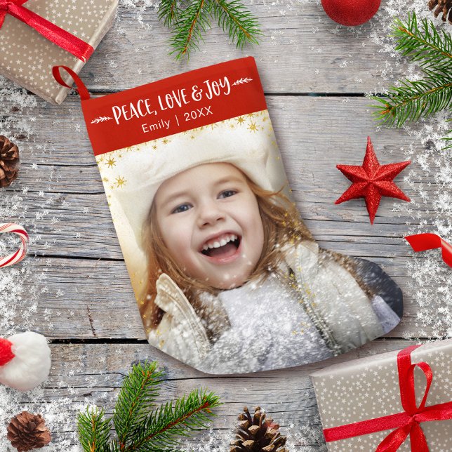 Peace Love Joy Custom Photo Gold Stars Name Year Small Christmas Stocking (Creator Uploaded)