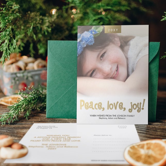Peace Love Joy Custom Photo Modern Xmas Postcard (Creator Uploaded)
