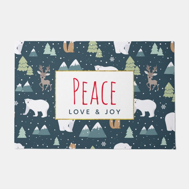 Peace Love & Joy Cute Christmas Animals Pattern Doormat (Front)