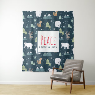 Peace Love & Joy Cute Christmas Animals Pattern Tapestry