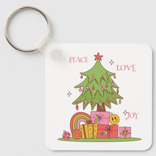 Peace, Love & Joy - Cute Retro Christmas Tree  Key Ring (Front)