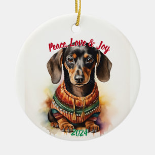 Peace, Love & Joy Dachshund: Watercolor  Ceramic Tree Decoration