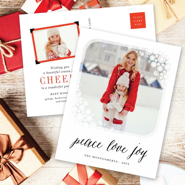 Peace Love Joy Elegant Snowflakes Frame Chic Photo Holiday Postcard (Creator Uploaded)