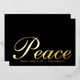 Peace Love Joy Elegant Typography Black and Gold Foil Holiday Card