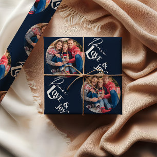 Peace Love Joy Elegant Typography Blue Photo Wrapping Paper