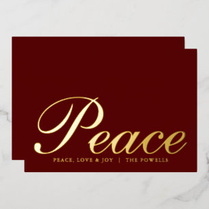 Peace Love Joy Elegant Typography Burgundy Gold Foil Holiday Card