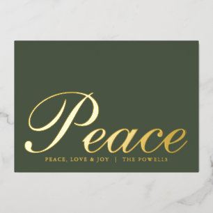 Peace Love Joy Elegant Typography Sage Green Gold Foil Holiday Card