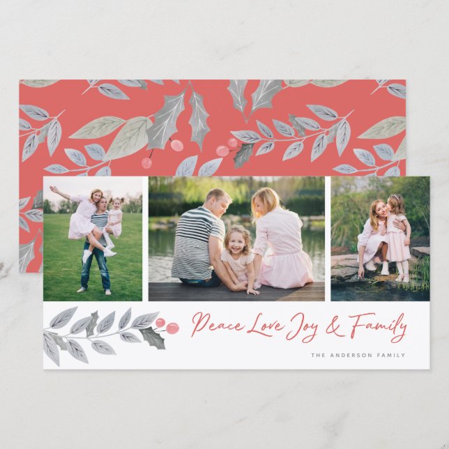 Peace Love Joy Family Floral 3 Photo Collage Holiday Card (Front/Back)