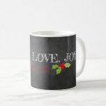 Peace Love Joy Family Name Holly Chalkboard  Coffee Mug<br><div class="desc">Modern Typography on black chalkboard background. Custom PEACE. LOVE. JOY. in white, custom THE NAME FAMILY in red. Holly accent. Easy to personalise text, text colour, font. Great Holiday Decor for ANY Christmas Gathering, Person, Family, Hostess Gift, Event. Festive, Colourful, Timeless. Mix and match entire Holiday / Christmas / Typography...</div>