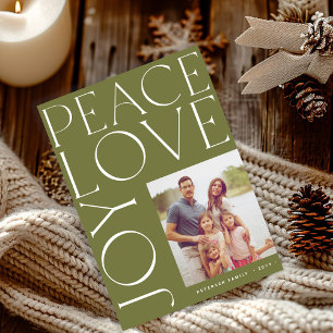 Peace Love Joy family photo green Christmas Holiday Card