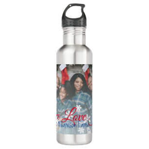 Peace Love Joy Family Photo Red White Snowflake 710 Ml Water Bottle