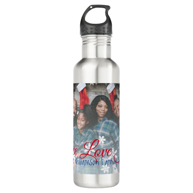 Peace Love Joy Family Photo Red White Snowflake 710 Ml Water Bottle (Front)