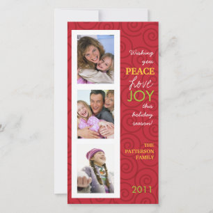 Peace Love Joy Festive Swirl Photo Collage in Red Holiday Card