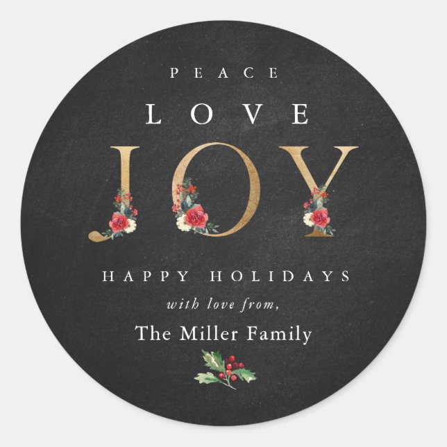 Peace Love Joy Festive Winter Floral Berries Classic Round Sticker (Front)