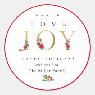 Peace Love Joy Festive Winter Floral Berries Classic Round Sticker