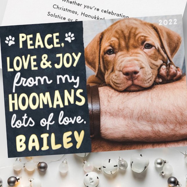 Peace, Love & Joy Funny Modern Pet Custom Photo Foil Holiday Card (Creator Uploaded)