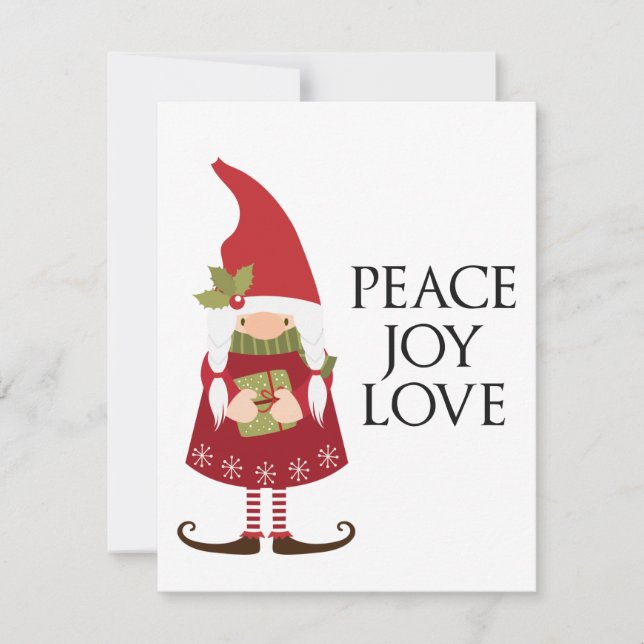 Peace Love Joy Girl Gnome Holiday Personalised Card (Front)